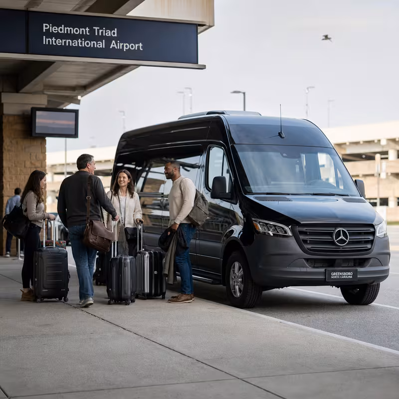 Group boarding a white charter bus for Airport Transportation transportation in Greensboro