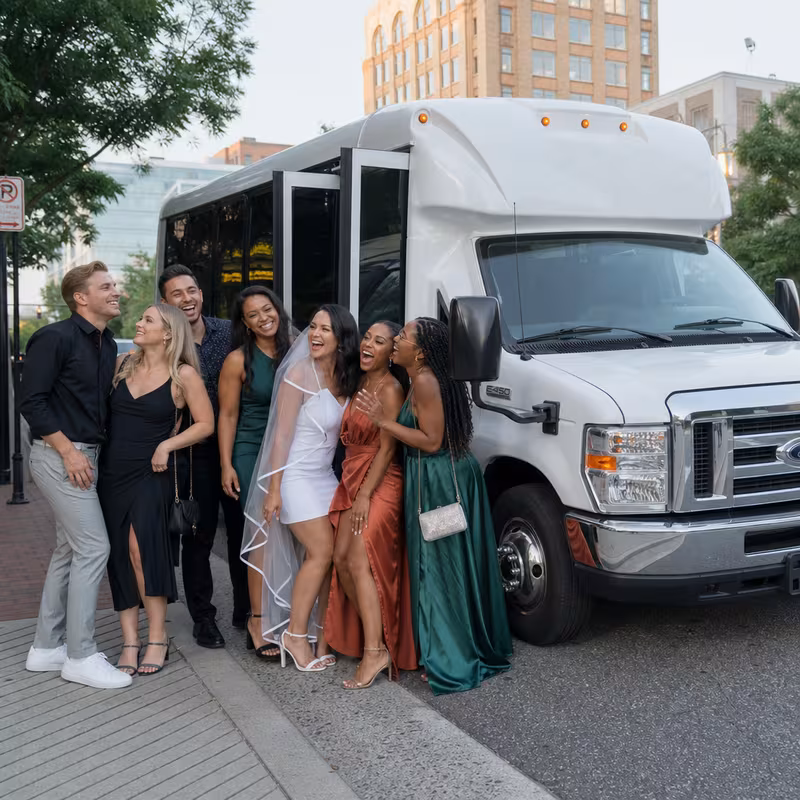 Black Mercedes Sprinter van staged for an Greensboro Bachelor & Bachelorette Transportation group