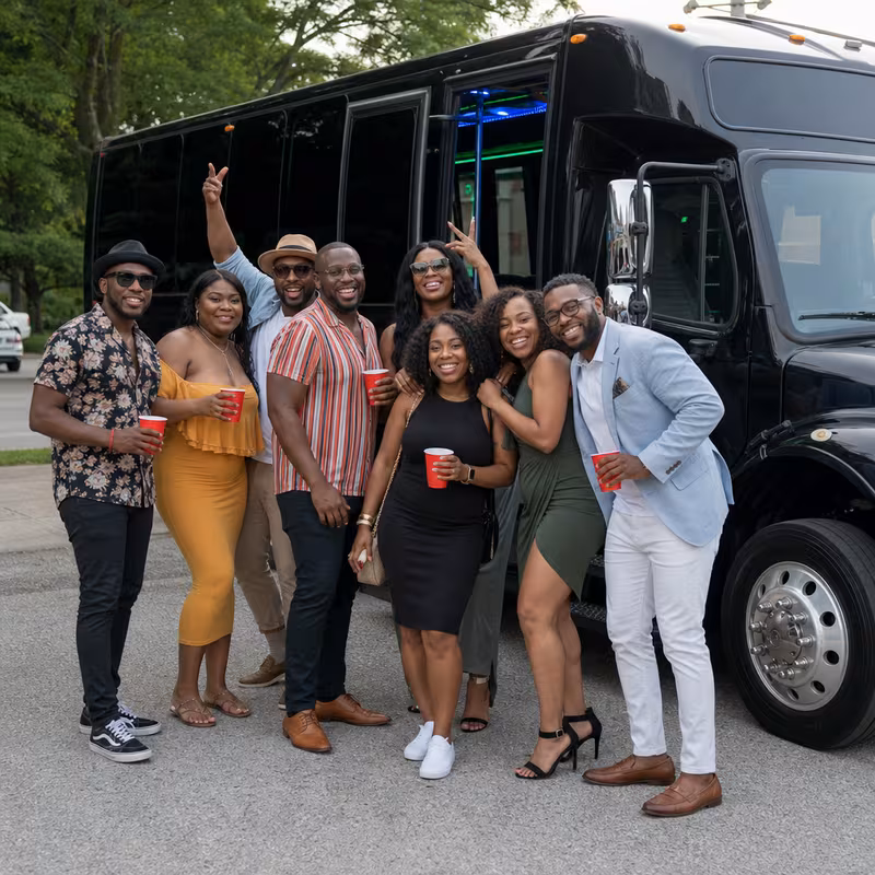 Group boarding a white charter bus for Birthday Transportation transportation in Greensboro