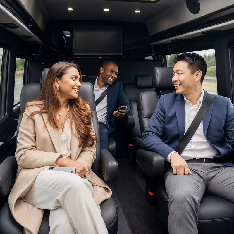 Group boarding a white charter bus for Corporate Transportation transportation in Greensboro