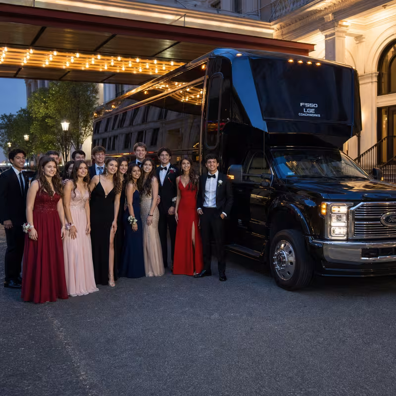 Party bus interior with wraparound leather seating and LED lighting in Greensboro